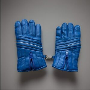 Vintage Puffy Ski Gloves White Blue With Zip Unisex Sz M 70s Vinyl Nylon Lining